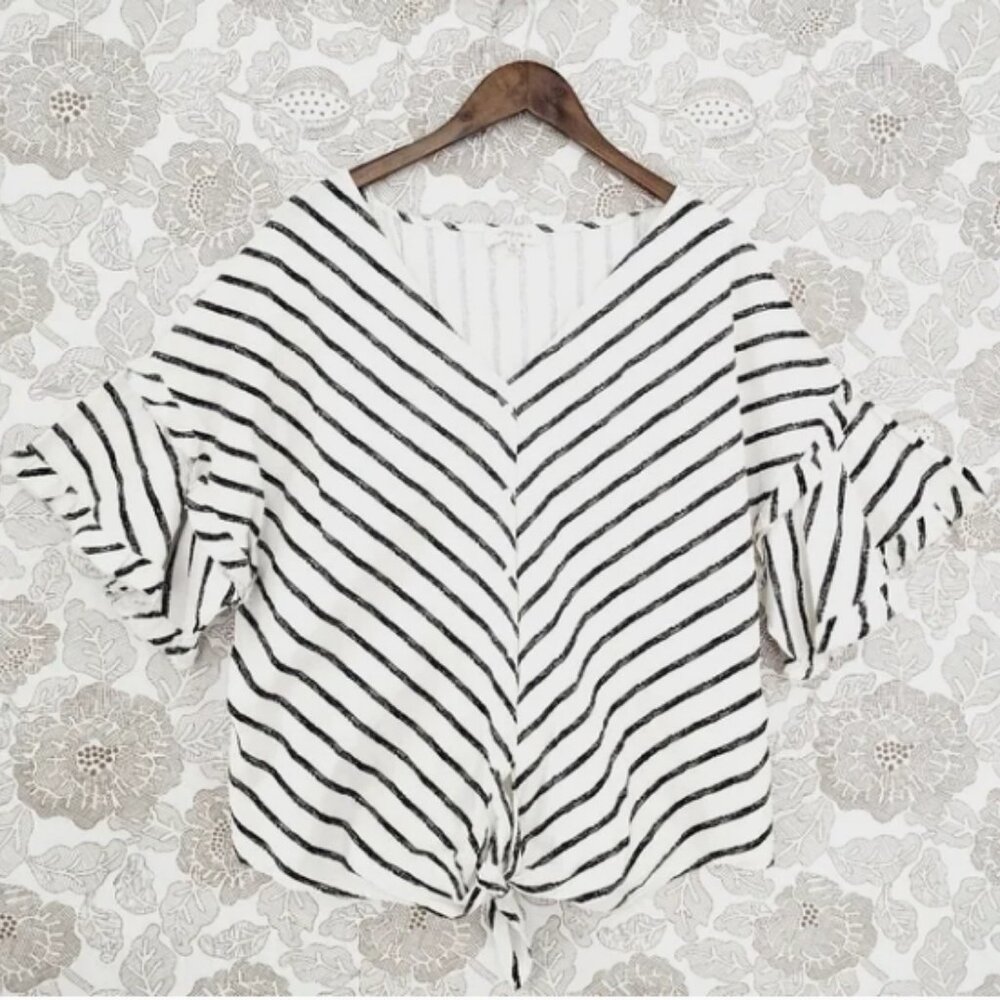 Umgee White and Black Striped V-Neck Tie-Front Blouse